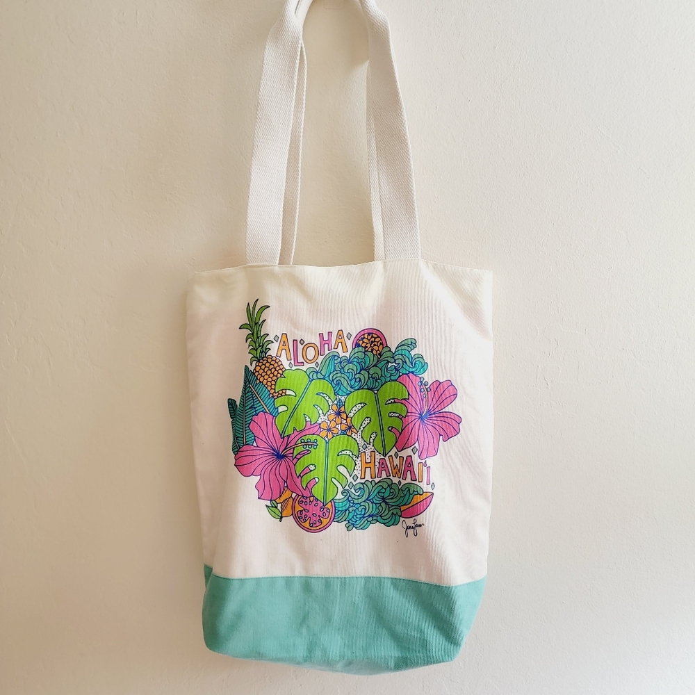 Aloha Hawaii Hibiscus Print Cotton Canvas Tote White